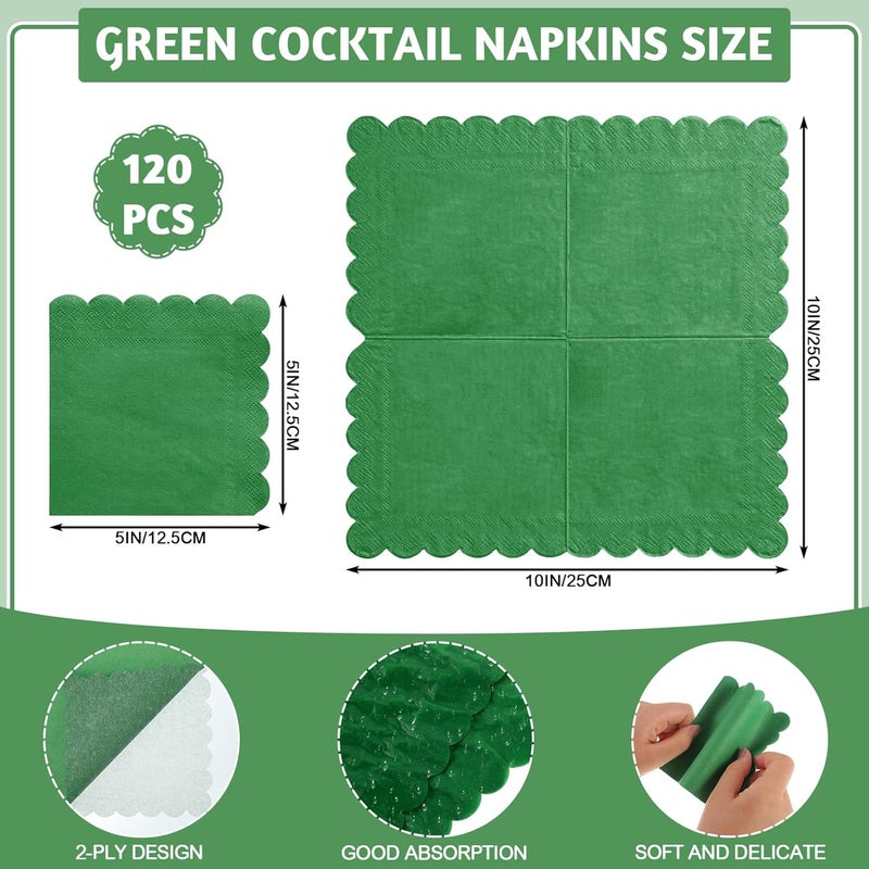 NatNarr 120 Pcs Green Cocktail Napkins, St Patricks Day Napkins Scalloped Dessert Beverage Napkin Cute Party Napkin for Birthday, Baby Shower, Golf Party, 5 x 5 Inch - Image 2